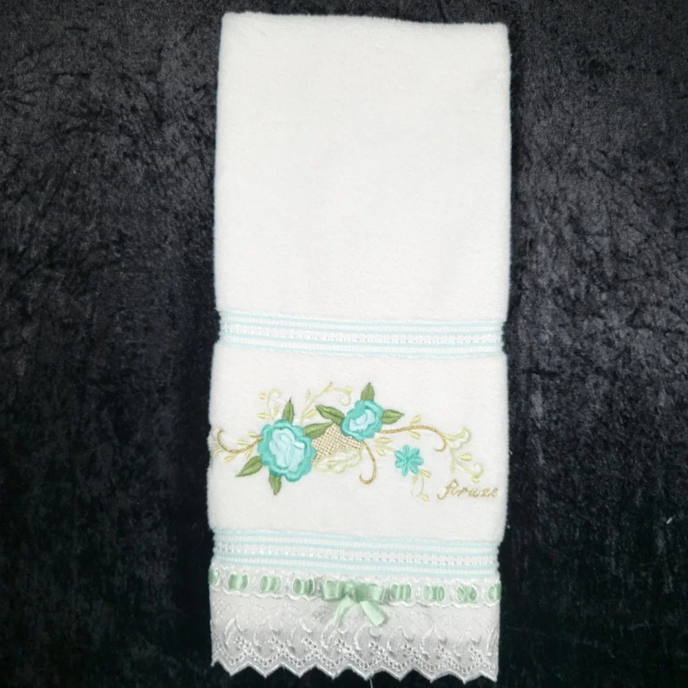 Set VTG Firuze Turkish White Cotton Hand Towel Teal Floral Embroidered Lace Bow